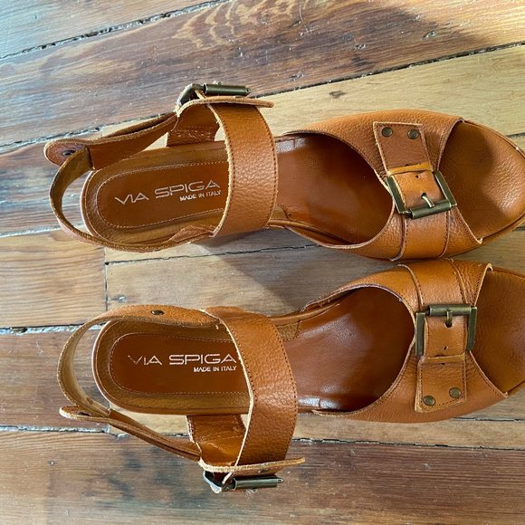 Via Spiga Italian Wedge Leather Sandal Heels - Picture 15 of 15